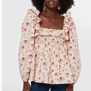 Tuckernuck Hyacinth House Cream Floral Ruffle Sleeve Addison Blouse - M
